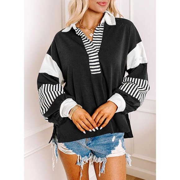 Women Oversized Sweatshirts Color Block Long Sleeve Loose V Neck Fall Outfits - Picture 3 of 6